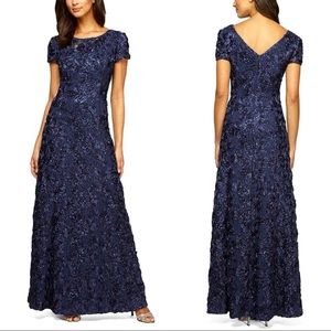 Alex Evenings Embellished Lace A-Line Navy Blue Formal Short Sleeve Gown Dress